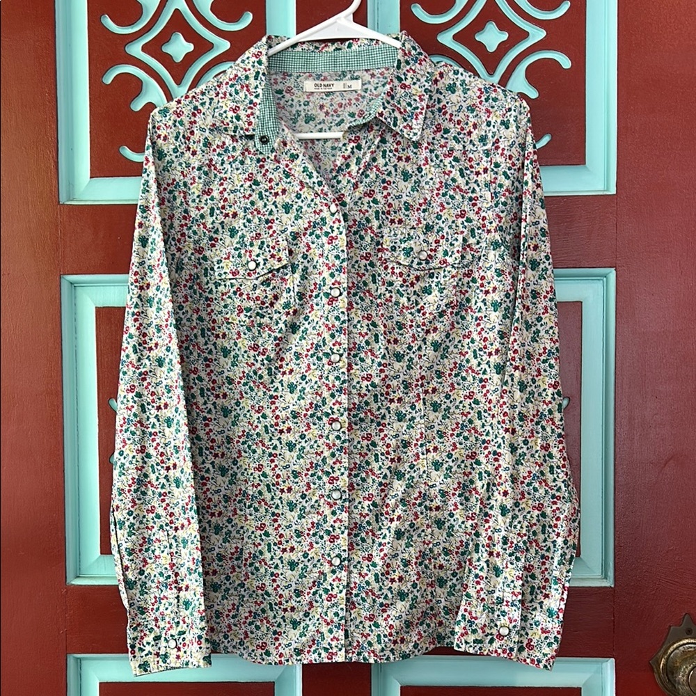 Old Navy Floral Button Down Shirt - Red, Green, White